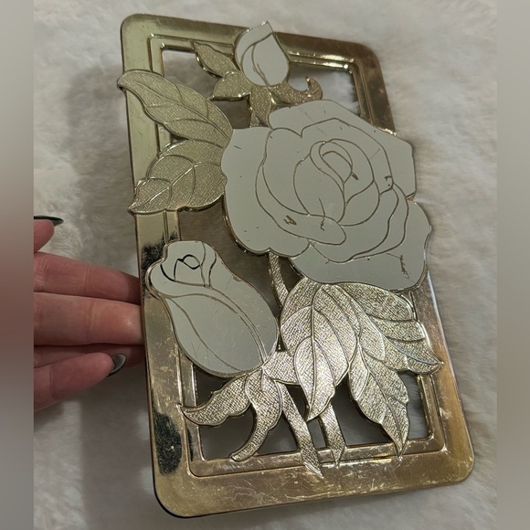 VTG MCM Trivet WMA ROGERS LTD Gold Cream Roses Japan 5.5"x 9" Wall Decor Floral - Picture 7 of 10